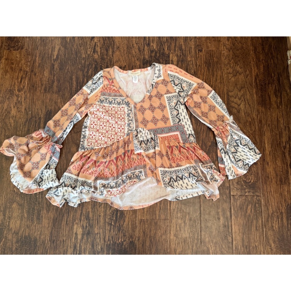 Saints & Hearts Boho Patchwork Peplum Top Bell Sleeve V-Neck Small ST3214C